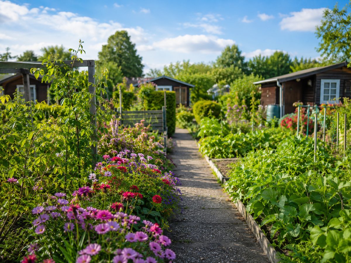 Blühende Kleingartenanlage mit Gartenweg